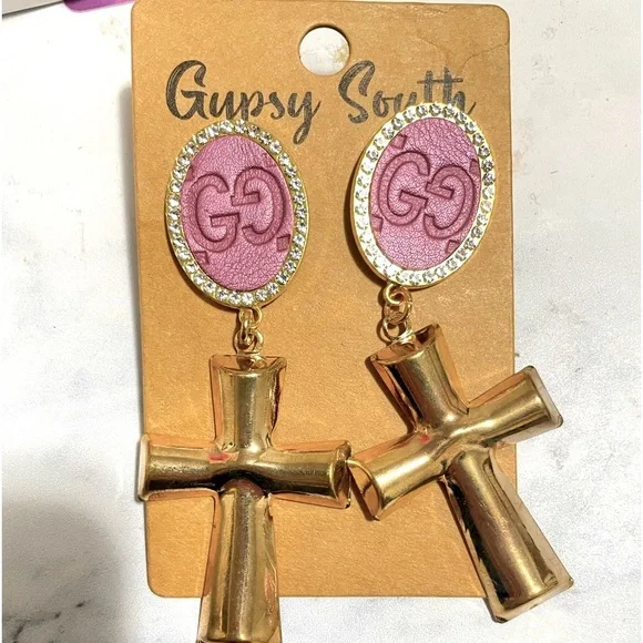 NWT GYPSY SOUTH Upcycled GG Earrings Dangle Crosses Rhinestone Crystals Gold - Picture 4 of 5